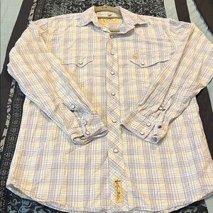Larry Mahan Men's Plaid Button-Down Shirt in White and Light Blue